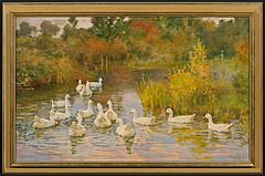 Franz Gräßel - Weiße Entenschar im sonnendurchfluteten Teich, 81514-1, Van Ham Kunstauktionen