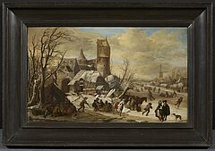 Gerrit Battem - Winterlandschaft mit Personen vor einem Zelt in einem Pferdeschlitten und auf dem Eis, 75035-1, Van Ham Kunstauktionen