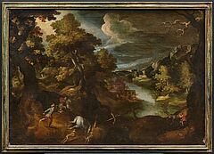 Niederländische Schule - Große bewaldete Flusslandschaft mit Jagdgesellschaft, 81345-8, Van Ham Kunstauktionen