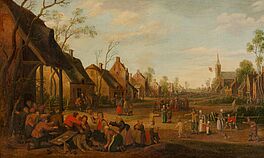 Joost Cornelisz Droochsloot - Dorfansicht mit raufenden Bauern und Quacksalber, 69966-8, Van Ham Kunstauktionen