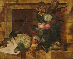 Spanische Schule - Jagstillleben mit Singvögeln und Blumen in einer Fensternische, 81345-23, Van Ham Kunstauktionen