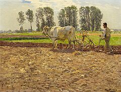 Hugo Muehlig - Fruehlingslandschaft am Niederrhein mit pfluegendem Bauern, 73080-1, Van Ham Kunstauktionen