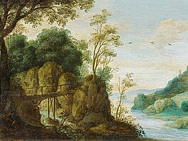 Adriaen van Stalbemt - Landschaft mit Wanderer auf einer Bruecke ueber einen Wildbach, 67078-2, Van Ham Kunstauktionen