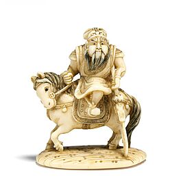 Netsuke Kanu mit seiner Hellebarde Gruener Drache auf einem Pferd reitend, 66362-103, Van Ham Kunstauktionen