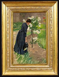 Friedrich Kallmorgen - Die Frau des Kuenstlers im Garten bei einem Rosenstrauch, 66798-6, Van Ham Kunstauktionen