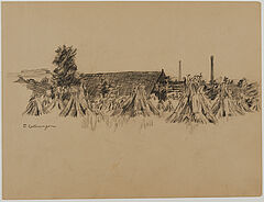 Friedrich Kallmorgen - Konvolut aus 5 Bleistiftzeichnungen Angeketteter Hund Strohernte Papendrocht Groetzingen und Groetzingen - Durlach, 69447-98, Van Ham Kunstauktionen