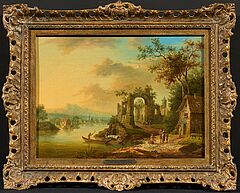 Franz Hochecker - Flusslandschaft mit Faehrbooten und Ruinen am Ufer, 75269-2, Van Ham Kunstauktionen