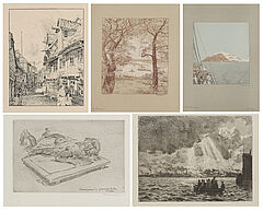 Friedrich Kallmorgen - Konvolut aus 5 Druckgraphiken Die Elbe bei Altona Spitzbergen Mausi zeichnet in Grossvaters Atelier Sonnenglanz und Strassenansicht, 69447-126, Van Ham Kunstauktionen