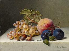 Emilie Preyer - Fruechtestillleben mit weissen Trauben Haselnuesse Pfirsich und zwei Pflaumen auf einer Marmorplatte, 58787-1, Van Ham Kunstauktionen