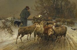 Heinrich von Zuegel - Winterabend mit Hirten und seiner Herde am Waldrand, 70118-1, Van Ham Kunstauktionen