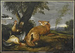 Paul de Vos - Fuchs auf der Huehnerjagd vom Hund ueberrascht, 73458-1, Van Ham Kunstauktionen