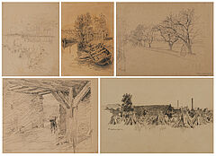 Friedrich Kallmorgen - Konvolut aus 5 Bleistiftzeichnungen Angeketteter Hund Strohernte Papendrocht Groetzingen und Groetzingen - Durlach, 69447-98, Van Ham Kunstauktionen
