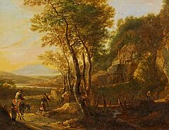 Niederlaendische Schule - Italienische Flusslandschaft mit Eselreitern an einem Bachlauf, 66529-1, Van Ham Kunstauktionen