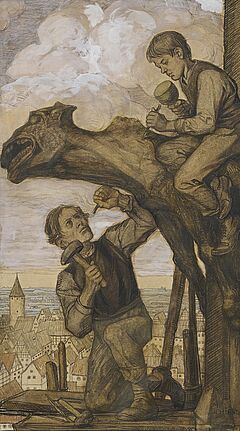 Matthaeus Schiestl - Zwei Arbeiten Steinmetze bei der Arbeit an Wasserspeieren auf der Baustelle einer gotischen Kathedrale, 69701-1, Van Ham Kunstauktionen