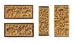 Gruppe von 4 Paneelen mit reich geschnitzten Figuren in Gartenlandschaften, 79955-21, Van Ham Kunstauktionen